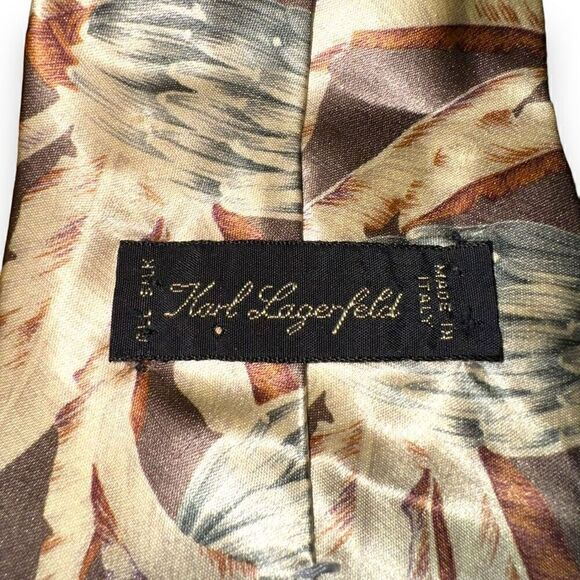 Karl Lagerfeld Tan Feather Screenprint Handmade Silk Necktie - Picture 3 of 5
